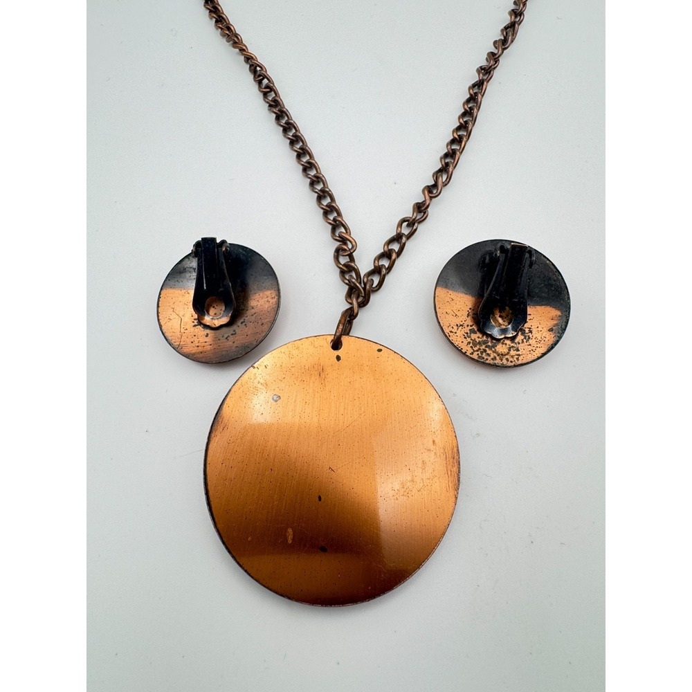 Vintage Copper Necklace Earrings Set 1950s Modernist Sunburst Pendant Flower - Picture 8 of 9